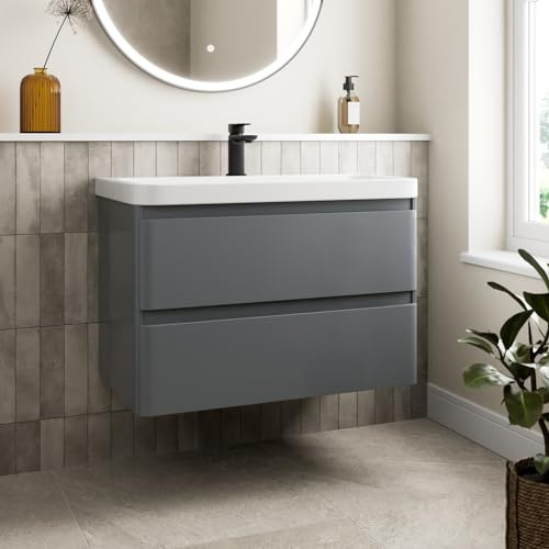 Affine® 800mm Vanity Unit Wash Basin Sink Bathroom Wall Mounted Storage Cabinet Cupboard Cloakroom, Soft Close Drawers, Grey Gloss