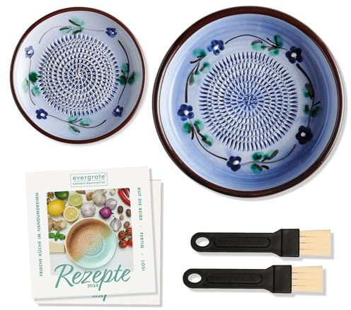 evergrate Geniales Duo: Tellerreibe + Dipschale Motiv Flora mit 2 Küchenpinsel und 2 Rezepthefte