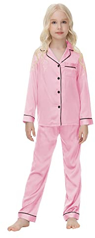 Verve Jelly Set pigiama in raso di seta per neonate Ragazzi Carino tinta unita Top manica lunga Camicia abbottonata Pantaloni lunghi Loungewear Rosa 150 11-12 anni