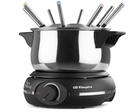 Orbegozo FDR 14 - Fondue eléctrica para 8 personas, 1,4 litros, queso, chocolate y carne, regulador de temperatura, tapa antisalpicaduras, olla extraíble acero inoxidable, 1500 W