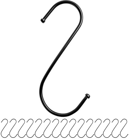 S-Haken zum Einhängen, 16 Stück, in Schwarz, Metallhaken für bis Ø 42 mm Stangen, Länge 120 mm, S Haken für Küche, Kleiderstange, Garage, Topf, Pfanne, Tasse, Hängehaken, Küchenhaken, Doppelhaken Set