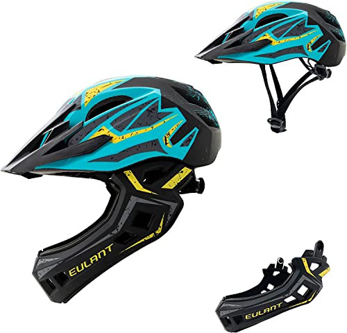 Fahrradhelm für Kinder, geringes Gewicht, Integralhelm mit abnehmbarem Kinnriemen, abnehmbares Visier, Downhill-Helm, Kinder, für Gleichgewicht, Rollschuhe, Blau/Gelb/M