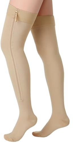 Sosation Thigh High Zipper Compression Socks 20-30 mmHg Zipper Compression Stockings Thigh High for Women Men Swelling Edema (Beige,X-Large)