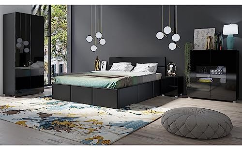 Lomadox Schlafzimmer Set 5-teilig mit Bett 160x200cm, 2 Nachttische, Kleiderschrank 2-TRG., Highboard in schwarz Hochglanz mit grauem Kunstleder Modern