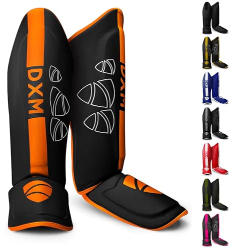 DXM Martial Arts Shin Guards Kickboxing Leg Guards with Instep Protection for for Muay Thai, Boxing, MMA, Karate, Taekwondo, Sparring, Training, MMA Equipment (S, Orange & Black)