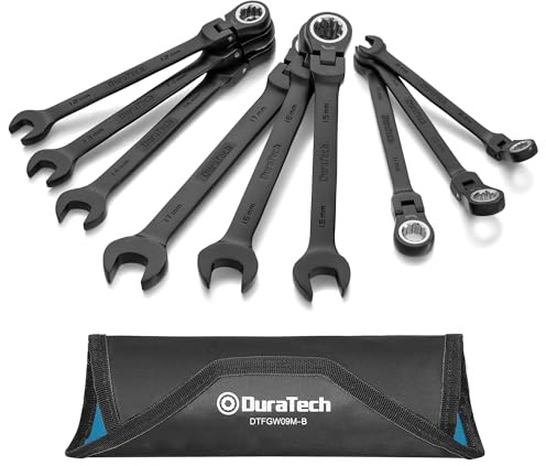 DURATECH 9-tlg. Flex-Kopf Ratschenringschlüssel Set, Cr-V Stahl, Schwarz | Rostschutzbeschichtung, metrisch 8-17 mm, Chrom-Vanadium-Stahl, 72-Zahn-Ratsche, 5° Schwenkbereich, Rolltasche