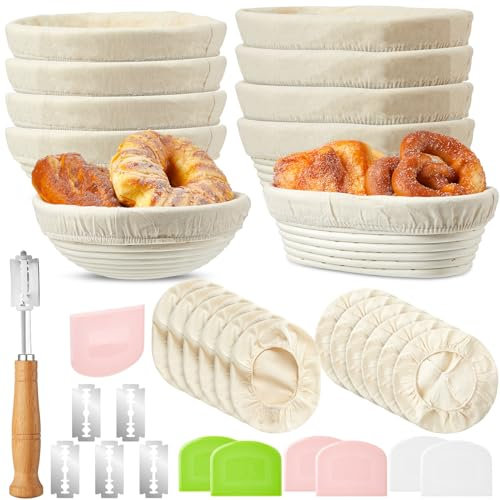 Sunnychicc 8-teiliges Brotgärkörbchen-Set, Sauerteig-Bäckereikorb mit 16-teiligem Einsatz, Stoff-Teig-Ritzmesser mit 5 Klingen und Schutzabdeckung, 6 Stück Kunststoff-Teigschneider für Zuhause,