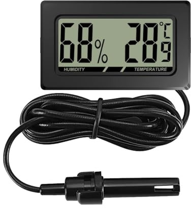 Reptile Thermometer-Hygrometer, Schwarz Digital Temperatur Luftfeuchtigkeitsmessgerät mit LCD-Display und Sonde für Reptilienaufzuchtkasten