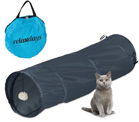 Relaxdays Katzentunnel faltbar, Katzenröhre mit Spielzeug, interaktiver Katzen Spieltunnel, BxD: ca. 90 x 25 cm, Grau