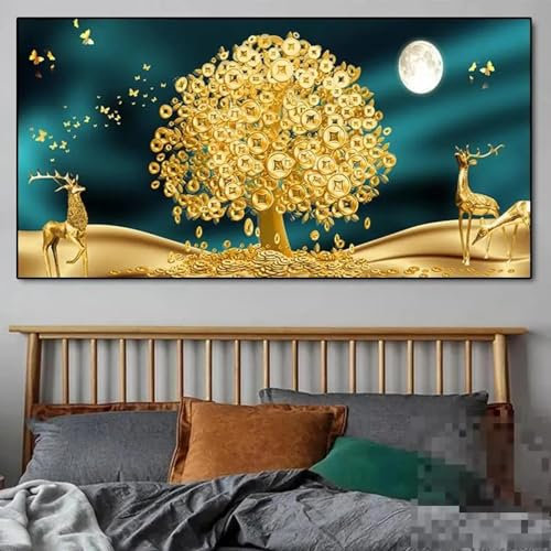 GELYX Luxus-Glücksgold-Geldbaum-Leinwanddruck, Blumenpflanzengemälde, Hirsch und goldenes Blatt, Poster, Wandkunst, Bild für Zuhause, groß, 40 x 80 cm, rahmenlos