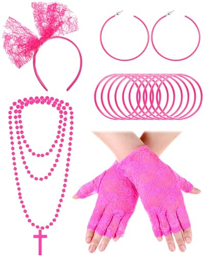 Blulu 80er Jahre Accessoires Frauen Spitze Stirnband Ohrringe Fischnetz Handschuhe Halskette Armband für 80er Jahre Retro Party Halloween