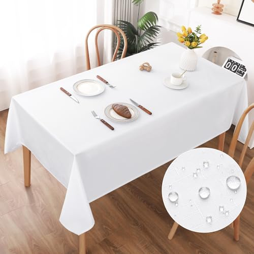 AooHome Tischdecke Abwaschbar, Weiß Tischdecken 140x220cm Leinen-Optik Tischtuch aus Polyester Wasserabweisend mit Lotuseffekt, Dauerhaft Kratzfest für Wohnzimmer, Esszimmer, Balkon, Garten