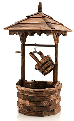 COSTWAY Garden Wishing Well, Wooden Water Fountain with Electric Pump, 5 Adjustable Flow Rates, 12.1L Water Bucket & Detachable Wood Barrel, Freestanding Waterfall Feature Planter Outdoor Ornament