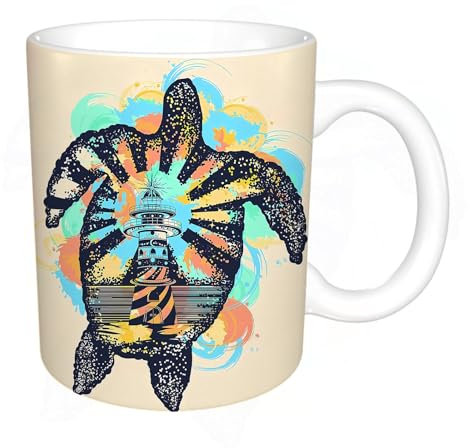 KDWJS Tasse Keramik Kaffeetassen Große 11oz Tassen 330ml Trinkgläser Mit Griff Personalisierte Geschenk Weiß,Schildkröten- und Leuchtfeuer-Tattoo und T-Shirt-Design