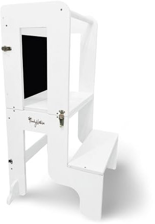 Family Nation, Torre Montessoriana 3 in 1, con Lavagna Magnetica, Convertibile in Tavolo e Sedia, per Bambini da 1 Anno di Età, Struttura in Legno con Supporto Extra, Bianca, 42x45x86 cm