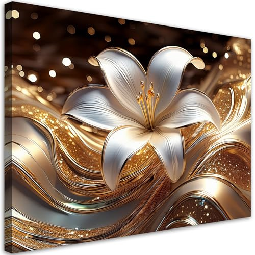 Feeby Leinwand Bilder - Gold Lily Blume - Vlies 120x80 cm - Deko Wohnzimmer - Wandbilder Schlafzimmer - Deko Aesthetic - Wand Deko - Leinwand Groß - Deko Zimmer - Leinwandbilder XXL