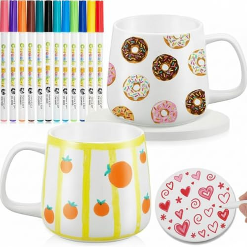 Geiserailie Keramik Bemalen DIY Set 2 Weiß Keramiktasse 2 Blanko Untersetzer 12 Porzellanstifte Spülmaschinenfest 1 Geschenkbox für Valentinstag Familie Untersetzer Nicht im Ofen Erhitzen (Bauch Stil)