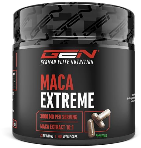 Maca Capsules Extreme - 365 capsule - Dosaggio elevato con 30.000 mg per dose giornaliera - Estratto speciale 10:1 - Vegan - German Elite Nutrition