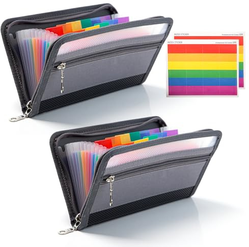 Keboyoe 2 Pièces Trieur à chèque A6 organiseur de fichiers avec fermeture éclair avec poche avant et étiquettes colorées, 13 compartiments Trieur à compartiments pour A6 pour chèques, factures, reçus
