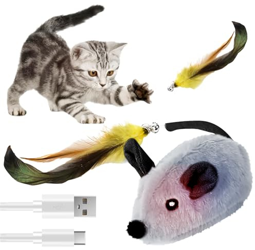 OneNine Katzenspielzeug Elektrisch Spielmaus, Katzenspielzeug Maus, Elektrisches Katzen Spielzeug Mit Federschwanz, Cat Toys, Spielzeug Katze mit USB Kabel für Katzenauslauf und Gegen Langeweile