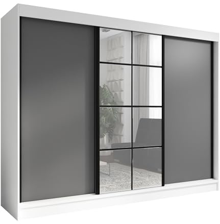 A&J MöbelLand Schwebetürenschrank ORAVELLE Kleiderschrank 3-türig mit Schubladen und Spiegel Garderobenschrank 200 cm (Weiß/Graphit)