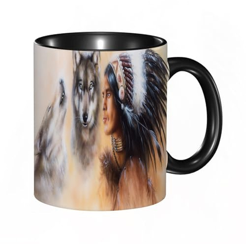 HRRASFAZF Tasse à Café | Tasse Céramique Fine | Cadeau Original | 330ml | Mug avec Anse | Cadeau Original pour Homme et Femme | Indiens, peinture mystique de jeunes indigènes ethniques plumes avec lo