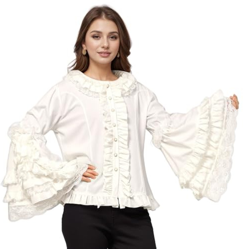 UniqKaliber dam Lolita-blus långärmad spets volanger skjorta viktoriansk vintage blus chiffong krusig chiffong magtröja