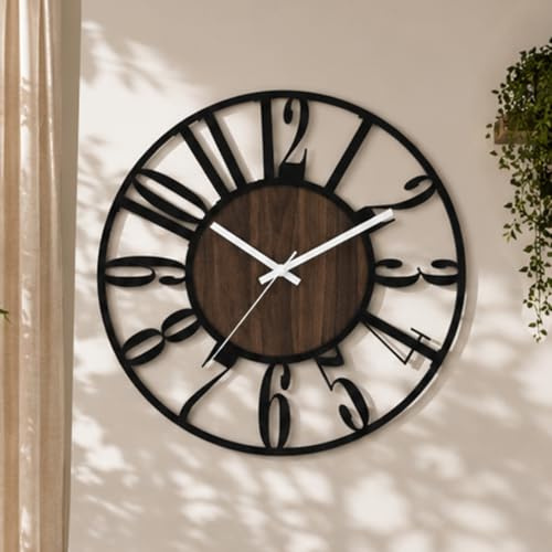 K&L Wall Art 50cm große Holz Wanduhr XL Industrielle Metalluhr Vintage Wohnzimmeruhr lautlos ohne Tick-Geräusche
