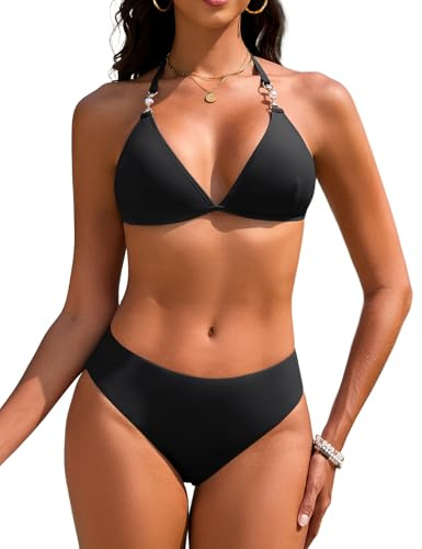 Vijamiy Bikini Donna Costumi da Bagno Triangolo Costume Donna Mare Due Pezzi Push Up Sexy Halter Bikini Set Imbottito Regolabili Swimsuit Tankini Swimwear(Nero,L)