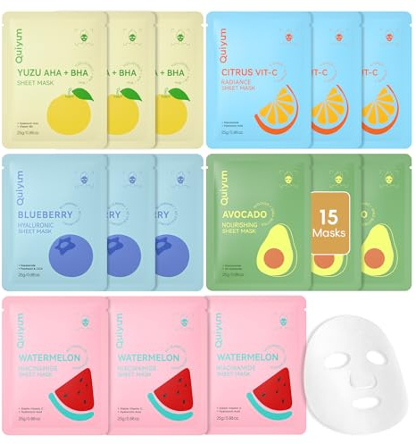 QUIYUM Set 15 Mascarillas Faciales de Frutas, Cuidado e Hidratación | para mejorar la tez, adecuado para mujeres y adolescentes