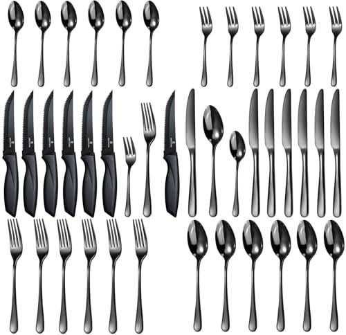 Besteck Set 6 Personen,Targzier 36 teiliges Edelstahl Besteckset mit Steakmesser,Hochwertiges Essbesteck,Messer Gabel Löffel für Familie/Party/Hotel,Schwarzes&Spülmaschinenfest Bestecksets