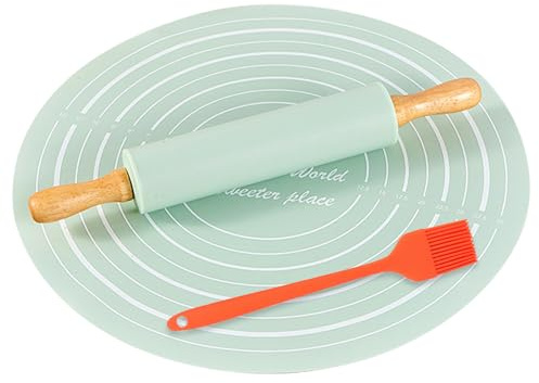 Mintgrünes Nudelholz-Set – 30 cm Teigroller mit passender 33,5 cm Backmatte & 20,7 cm Silikon-Pinsel, Antihaft, BPA-frei, Teigroller Silikon, Küchen-Backzubehör