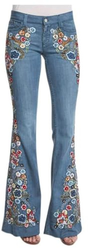 Schlaghose Damen Jeans Blumen - Jeanshosen Jacquard Denimhose Vintage Stickerei Schlagjeans Elegante Bootcut Röhrenjeans Hohe Taille Flared Pants Style Denim Freizeithose