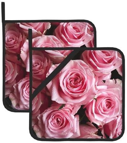 Set di 2 presine da cucina con stampa rosa con rose fresche, presine, presine, presine, sottopentola, per cucinare e cuocere