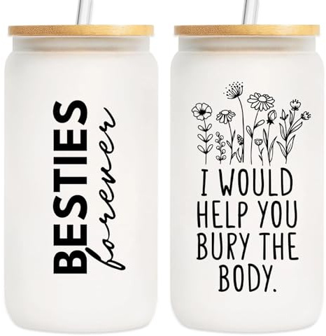 Qubitly Best Friend Birthday Gifts for Women, Cute Glass Tumbler, High Borosilicate Glass Cup with Lid, Straws, Double-Sided Bestie Gifts, Cup for Coffee Tea, Funny Friendship Gift for Her