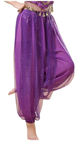 Bauchtanz Hose, Tanzhosen für Damen Karneval Bauchtanzhose mit Schlitz 70er 80er Jahre Weitem Bein Haremshose Glitzer Pailletten Tanzhose Elegant Baggy Yoga Bauchtanz Pumphose (02-Dark Purple, L)