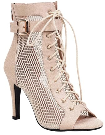 Botas de Baile Latino Mujer Zapatos Tacón Alto Botines de Baile Botas Heels Dance Shoes Punta Peep-Toe Gladiador Romanas Zapato con Cordones Cómoda Flexible Tobillo Transpirable de Malla Bailes