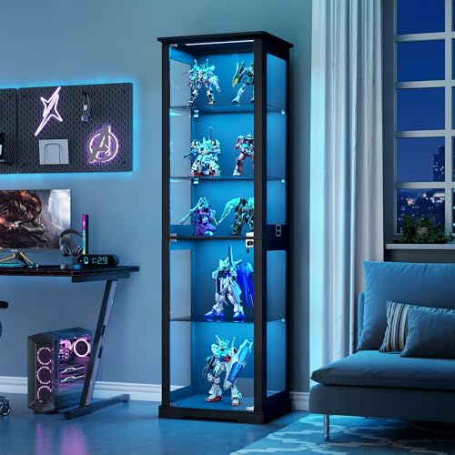 OUTDOOR DOIT 71 Display Cabinets with LED lights for Collectiblesbb,books,toys,5-Tier Tall Bookcase with Glass Doors & Human Sensor for Living Room,Bedroom,black