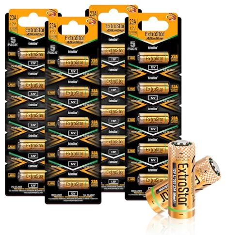 EXTRASTAR 23A 12V Alkaline Batterie (20 Stück), 4-Pack à 5 Einwegbatterien, Lange Haltbarkeit, Leistungsstark für Türklingeln, Garagenöffner, Sensoren, Rauchmelder, Fernbedienungen UVM.