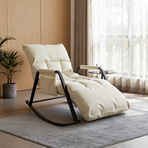 DARDVORLAG Schaukelstuhl Schaukelsessel mit PU-Leder,160°Neigung 5-Fach Verstellbare Rückenlehne,Ergonomischer Relaxsessel mit Metallgestell für Wohnzimmer Schlafzimmer,Beige