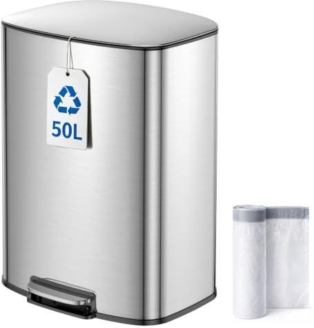 YEAUPE PRO Cubo de Basura y Papelera 50L para Cocina, Baño y Oficina | Acero Inoxidable Antihuellas, Pedal Silencioso y Cierre Suave, Cubo Interior Extraíble, Antiolores, 15 Bolsas, Plata