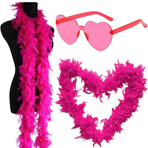 Boa di Piume, 2M Sciarpa di Piume da Donna Decorazione di Boa di Piumes Accessori Costume Set con Occhiali da Sole Accessori per Feste Cosplay Dress up per Carnevale Cosplay Compleanno(Fucsia)