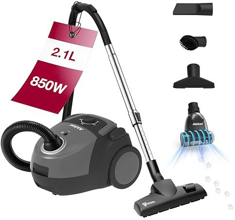Akitas C5 Turbo Bagged Vacuum Cleaner, 850W Powerful Suction, 9m Reach, German Wessel-Werk Head & Turbo Pet Brush, HEPA Filter for Allergies & Pets, Compact & Lightweight