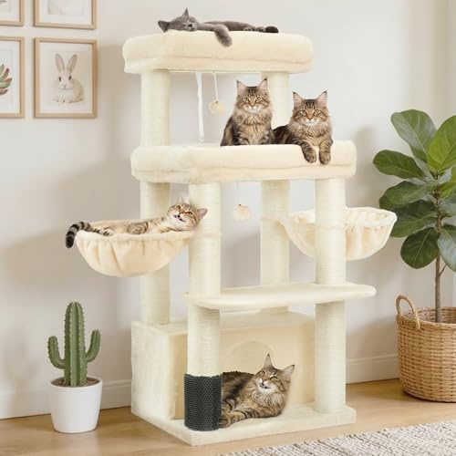 Hey-brother Kratzbaum, Stabil Katzenbaum für große Katzen und Maine Coons, mit 8 cm dicken Sisal-Kratzpfosten, Zwei Plattformen, Zwei Körben, großer Höhle und Fellpflegegerät, Beige EMPJ02M