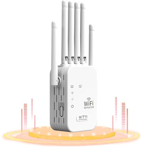 Répéteur WiFi Puissant sans Fil, Amplificateur WiFi de avec 6 Antennes, WiFi Extender WiFi Booster, Port Ethernet Gigabit, Compatible avec Toutes Les Box Internet