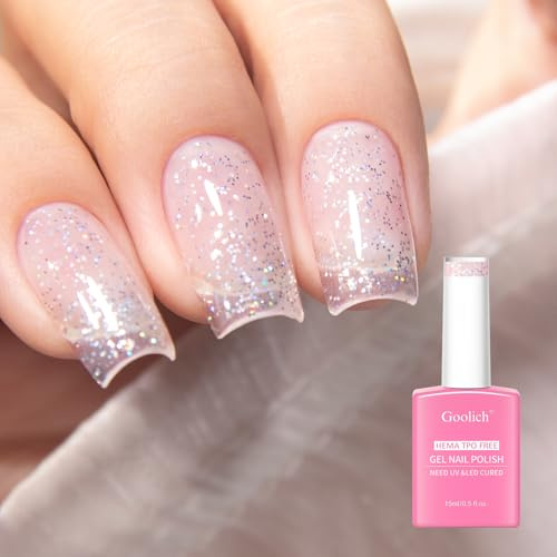 Goolich Smalto Semipermanente Unghie Glitter Iridescente, 15 ML Senza HEMA e TPO Smalto Gel Scintillante Trasparente Brillante per Unghie Rimovibile a Immersione UV LED