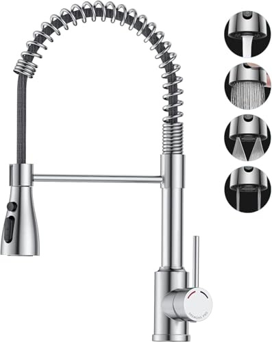 SREWOHS PRO Mitigeur Cuisine avec Douchette Extractible, Robinet Évier Cuisine en Acier Inoxydable, Bec Pivotant 360°, 4 Modes de Jet, Arc Haut pour Évier de Cuisine 1 Trou
