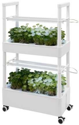Loobiiny Hydroponik System 2 Etagen 28 LöCher Hydroponisches Anzuchtsystem PVC Mit Led Wachstumslampen 60x31x105cm Indoor Anzuchtset Mit Licht Und Rollen