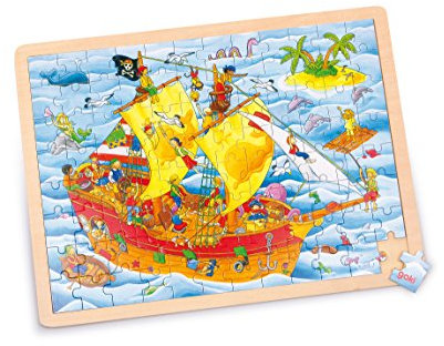 goki 57831 - Einlegepuzzle Piraten aus Holz, Holzpuzzle mit Schiff und Seeleuten, Lernspielzeug und Kinderpuzzle, fördert Fantasie und Motorik der Kinder, 40cm x 30cm, 96er Set, ab 3 Jahre