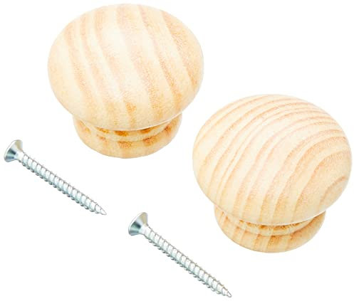 Merriway BH00090 (2 Pcs) Lacquered Pine Wooden Cupboard Cabinet Door Knob, 40mm (1.1/2 inch), Drilled for Screw or Dowel - Pack of 2 Pieces, Brown